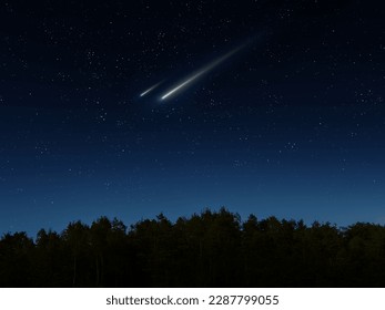 Beautiful meteors in the night sky over the forest. Night landscape with shooting stars. Falling meteorites.