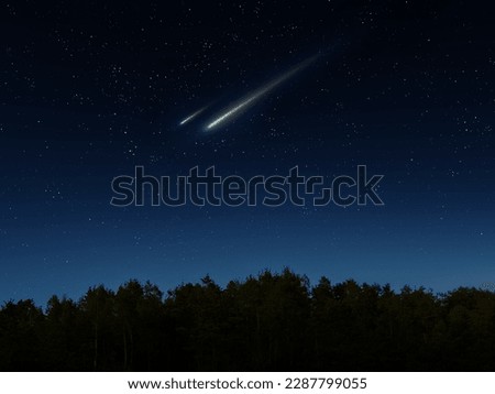 Beautiful meteors in the night sky over the forest. Night landscape with shooting stars. Falling meteorites.
