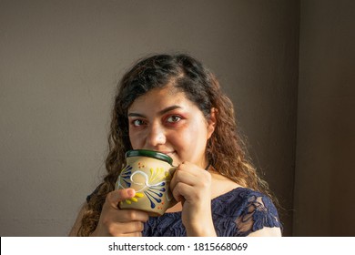 Beautiful Mexican Woman, Drinking Coffee From Mexican Cup