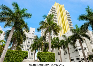 Beautiful Miami Beach Fish Eye Cityscape With Palm Trees And Art Deco Architecture.