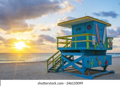 Beautiful Miami South Beach Sunrise With Lifeguard Tower, USA.