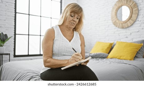 Beautiful middle age blonde woman pensively sitting on bed, writing down ideas in notebook, morning relax in a cozy bedroom at home - Powered by Shutterstock