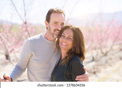 Beautiful Middle Age Senior Couple Smiling In Love At Romantic Garden Of Peach Trees With Pink Petals On A Sunny Day Of Spring