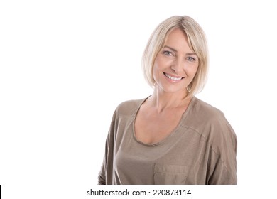 Beautiful Middle Aged Blond Attractive Isolated Woman Smiling With White Teeth.