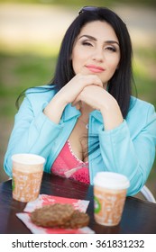 Beautiful Middle Aged Woman In Cafe Outdoors, Smiling Woman Drinking Coffee At Street Cafe, Happy Middle Age Woman Portrait, Soft Grain Instagram Filter Like, Series