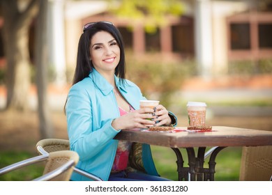 Beautiful Middle Aged Woman In Cafe Outdoors, Smiling Woman Drinking Coffee At Street Cafe, Happy Middle Age Woman Portrait, Soft Grain Instagram Filter Like, Series