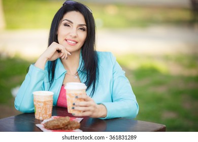 Beautiful Middle Aged Woman In Cafe Outdoors, Smiling Woman Drinking Coffee At Street Cafe, Happy Middle Age Woman Portrait, Soft Grain Instagram Filter Like, Series