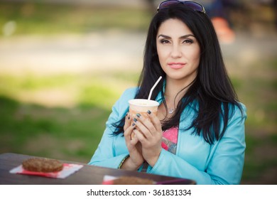 Beautiful Middle Aged Woman In Cafe Outdoors, Smiling Woman Drinking Coffee At Street Cafe, Happy Middle Age Woman Portrait, Soft Grain Instagram Filter Like, Series