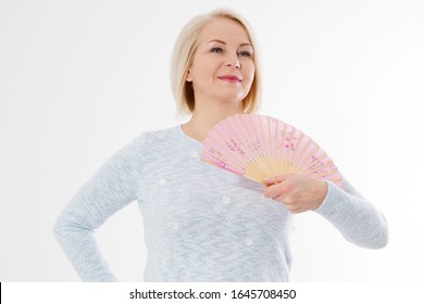 Beautiful Middle Aged Woman With Menopause Blowing By Fan. Hormone Replacement Therapy And Mature Woman Healthcare. Mid Age Happy Women Lifestyle. Senior Woman Isolated On White Background