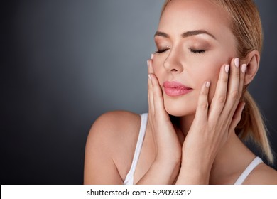 Beautiful Middle Aged Woman Touching Her Face,  Skincare , Perfect Skin