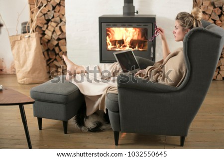 Beautiful Middleaged Woman Next Fireplace Relaxes Stock