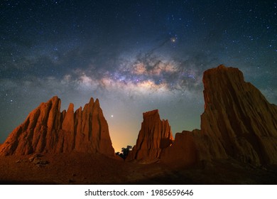 Beautiful Milky Way Raised Over Natural Earth Pillar In Various Shapes Crafted By Soil Erosion In Lalu, Sakaeo, Thailand