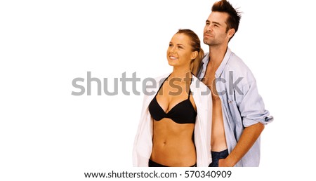 Beautiful millennial couple enjoying the view on white