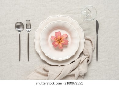 Beautiful Minimal Table Setting In Beige. View From Above. Textured Object, Selective Focus.