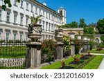 Beautiful Mirabell palace in Salzburg Austria with rose garden and statues ,