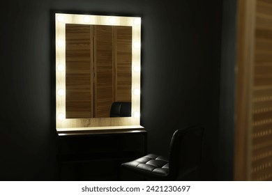 Beautiful mirror with light bulbs and chair in makeup room - Powered by Shutterstock