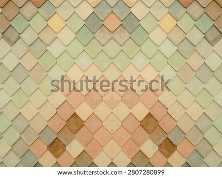 A beautiful, mirrored background pattern showcasing interlocking diamond-shaped clay roof tiles in muted pastel green, cream, terracotta, and soft peach tones.