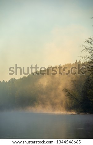 Similar – Image, Stock Photo Morning fog over river, meadow and forest. Nature sunlight scene