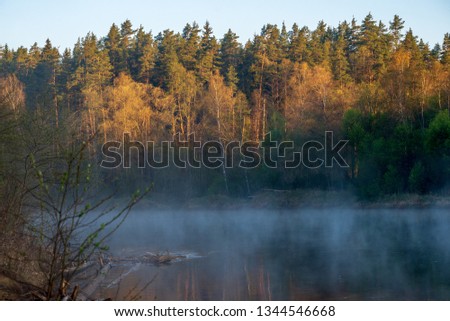 Similar – Image, Stock Photo Morning fog over river, meadow and forest. Nature sunlight scene