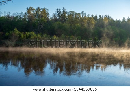 Similar – Image, Stock Photo Morning fog over river, meadow and forest. Nature sunlight scene