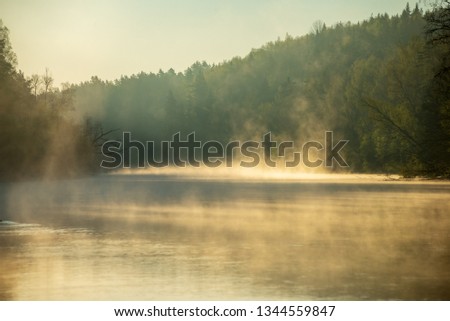 Image, Stock Photo Morning fog over river, meadow and forest. Nature sunlight scene