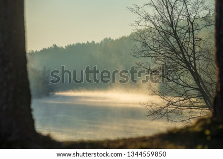 Similar – Image, Stock Photo Morning fog over river, meadow and forest. Nature sunlight scene