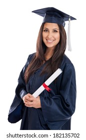 Beautiful Mixed Race Japanese Mexican Young Woman College Graduate Portrait Wearing Cap And Gown With Diploma Isolated On White Background