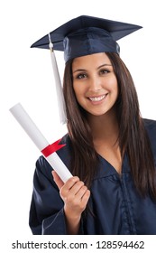 Beautiful Mixed Race Mexican Japanese College Graduate Wearing Cap And Gown Holding Diploma Isolated On White Background