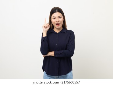 Beautiful Mixed Race Woman Thinking. Smiling Female Standing Pose On Isolated White Background. Attractive Teenage Girl Around 25 Excited And Thinking.