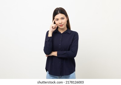 Beautiful Mixed Race Woman Thinking. Smiling Female Standing Pose On Isolated White Background. Attractive Teenage Girl Around 25 Excited And Thinking.