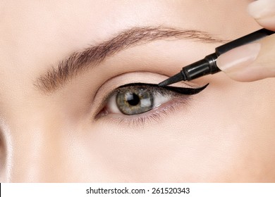 Beautiful Model Applying Eyeliner Closeup On Eye