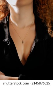 Beautiful Model Brunette Curly Hair Woman On Modern Gold Metal Necklace Chain