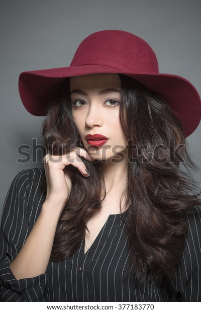 Beautiful Model Dark Red Hat Looking Stock Photo Edit Now 377183770