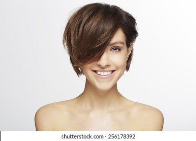 Beautiful Model With Fashionable Hair Cut, Smiling