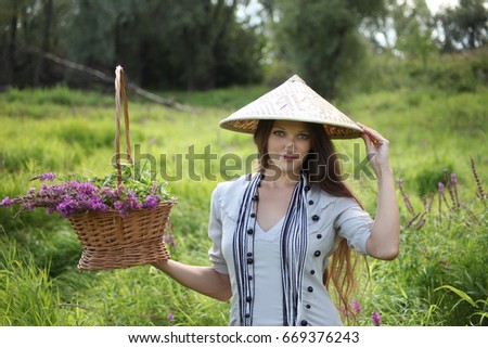 Beautiful model girl in garden, forest, enjoying nature. Style, fashion, beauty, lifestyle.
