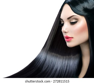 Beautiful Model Girl With Healthy Long Straight Shiny Hair Isolated On White Background. Hair. Healthy Long Black Hair. Beauty Brunette Woman. Gorgeous Hair, Dyed Hair