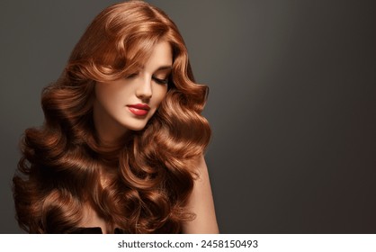 Beautiful   model  girl  with long curly red  hair . Smiling  woman hairstyle wavy curls .     Fashion , beauty and makeup portrait. Treatment, care and spa procedures. - Powered by Shutterstock