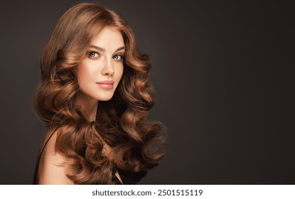 Beautiful   model  girl  with long curly red  hair . Smiling  woman hairstyle wavy curls .     Fashion , beauty and makeup portrait. Treatment, care and spa procedures. - Powered by Shutterstock