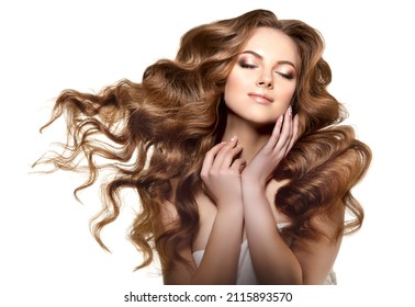 Beautiful Model Girl With Long Wavy And Shiny Hair . Beauty Woman Model With Curly Updo Hairstyle . Fashion, Cosmetics And Makeup