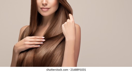 Beautiful model girl with shiny brown and straight long  hair . Keratin  straightening . Treatment, care and spa procedures. Smooth hairstyle
				
