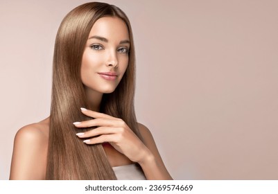 Beautiful model girl with shiny brown and straight long  hair . Keratin  straightening . Treatment, care and spa procedures. Smooth hairstyle
 - Powered by Shutterstock