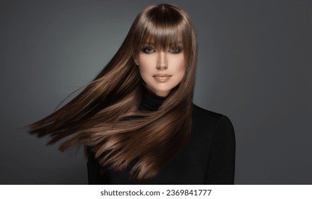 Beautiful model girl with shiny brown and straight long  hair . Keratin  straightening . Treatment, care and spa procedures. Smooth hairstyle
					