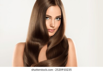 Beautiful model girl with shiny brown and straight long  hair . Keratin  straightening . Treatment, care and spa procedures. Smooth hairstyle - Powered by Shutterstock