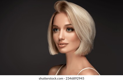 Beautiful model girl with short hair .Beauty  smiling blonde  woman with bob haircut .Fashion, cosmetics and makeup - Powered by Shutterstock