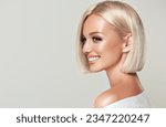 Beautiful model girl with short straight hair .Beauty woman with blonde Bob   hairstyle  .Fashion, cosmetics and makeup
