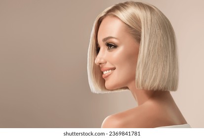 Beautiful model girl with short straight hair .Beauty woman with blonde Bob   hairstyle  .Fashion, cosmetics and makeup - Shutterstock ID 2369841781