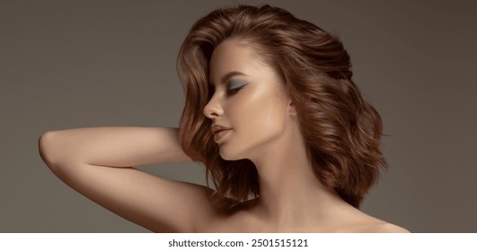 Beautiful model girl with short wavy hair .Beauty  smiling woman with  curly hairstyle dye .Fashion, cosmetics and makeup - Powered by Shutterstock