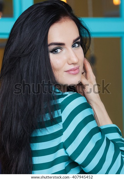 Beautiful Model Lady Professional Makeup Brunette Stock Photo