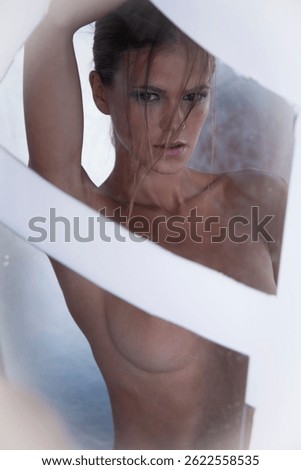 Beautiful model posing in front of broken mirror topless. Young sexy woman with elegant make up fashionable hair is looking strait into camera through mirror reflection.