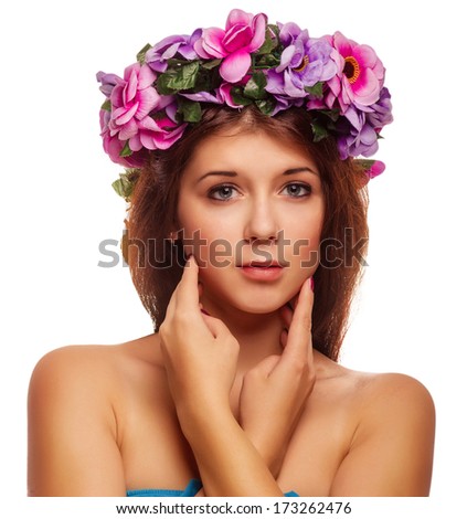 beautiful model woman face beauty close-up head, wreath flowers her head isolated on white background large